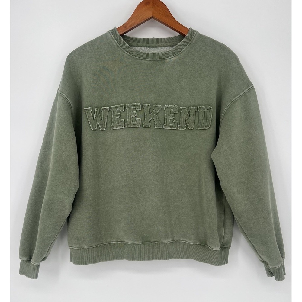 Lazy SUNDAY Weekend Green Women's Sz S Crewneck Distressed Sweatshirt, Cozy